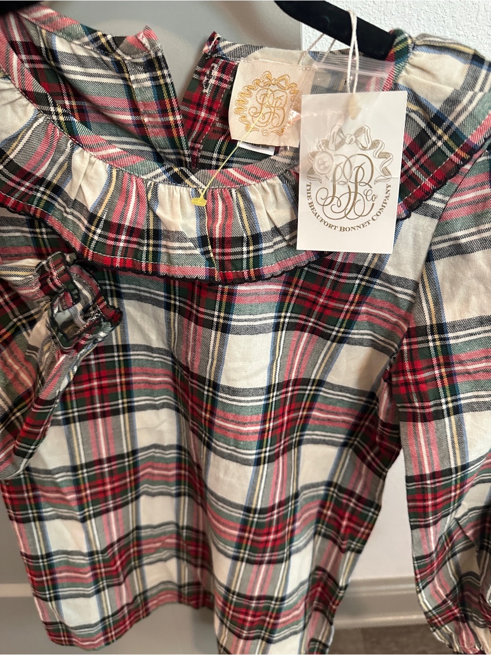 The Beaufort Bonnet Company Girls' Plaid Ruffle Collar Top - Red, Green, Cream - Picture 3 of 4